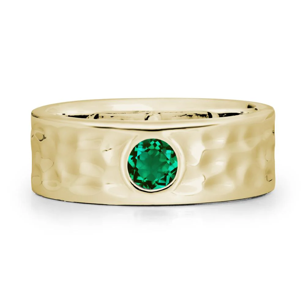 Hammered Wide Band Bezel Emerald Ring - Image 3