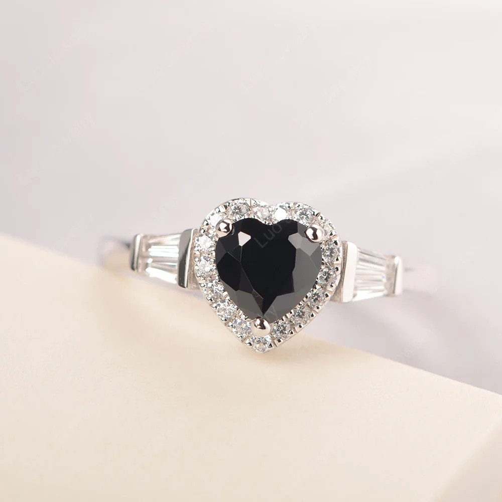 Hear Cut Black Spinel Ring with Baguette