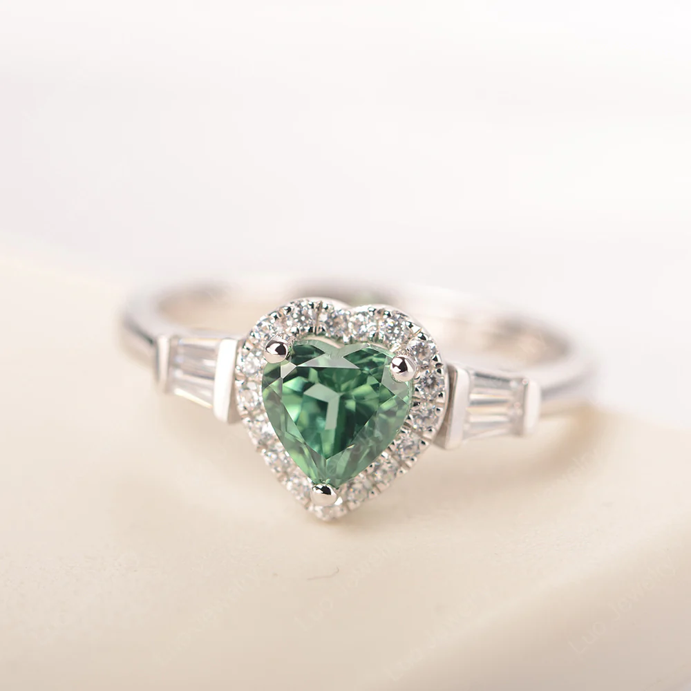 Hear Cut Green Sapphire Ring with Baguette