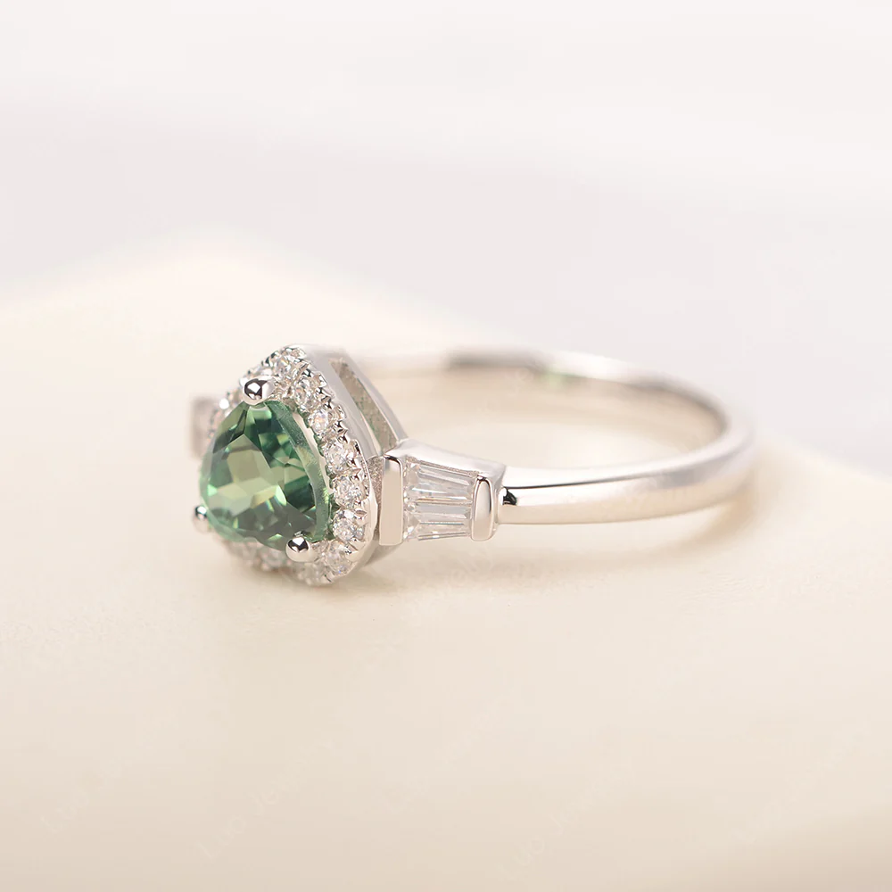 Hear Cut Green Sapphire Ring with Baguette - Image 2
