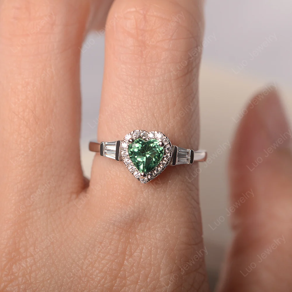 Hear Cut Green Sapphire Ring with Baguette - Image 5