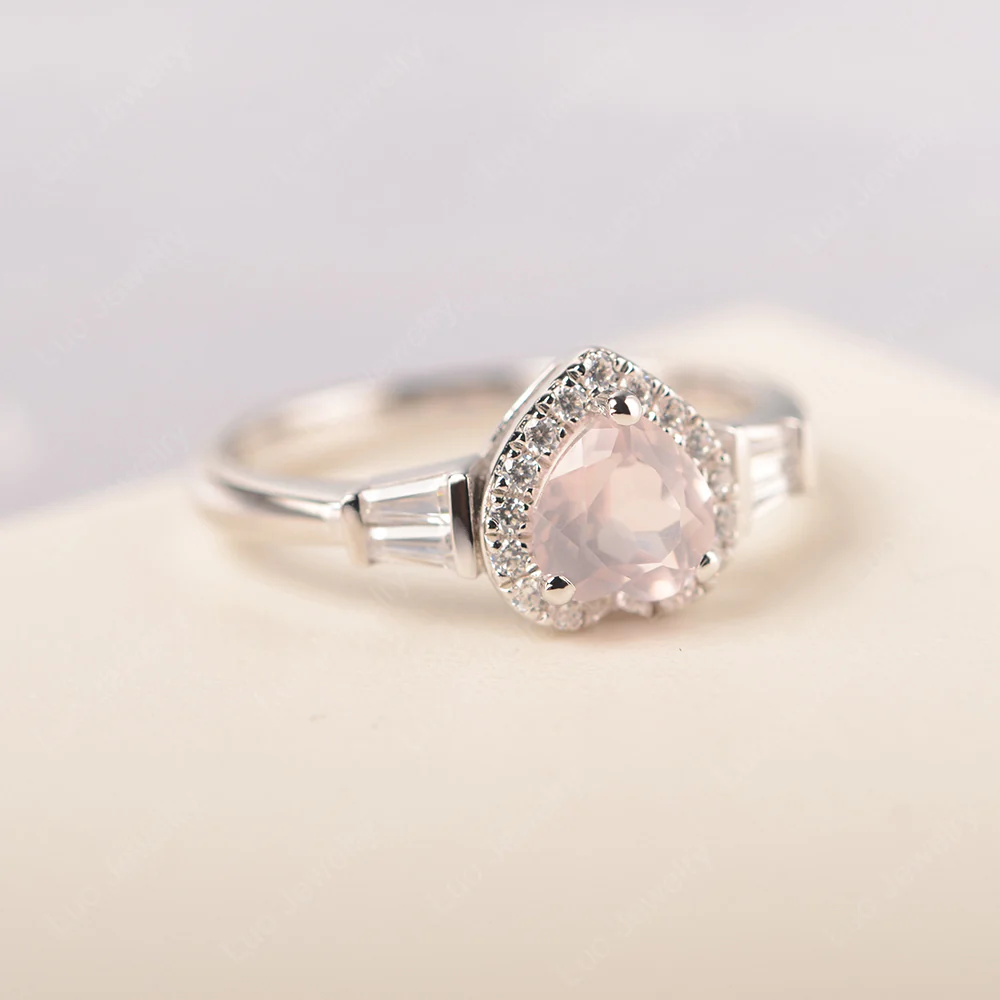 Hear Cut Rose Quartz Ring with Baguette - Image 2