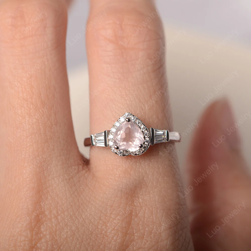 Hear Cut Rose Quartz Ring with Baguette - Image 5