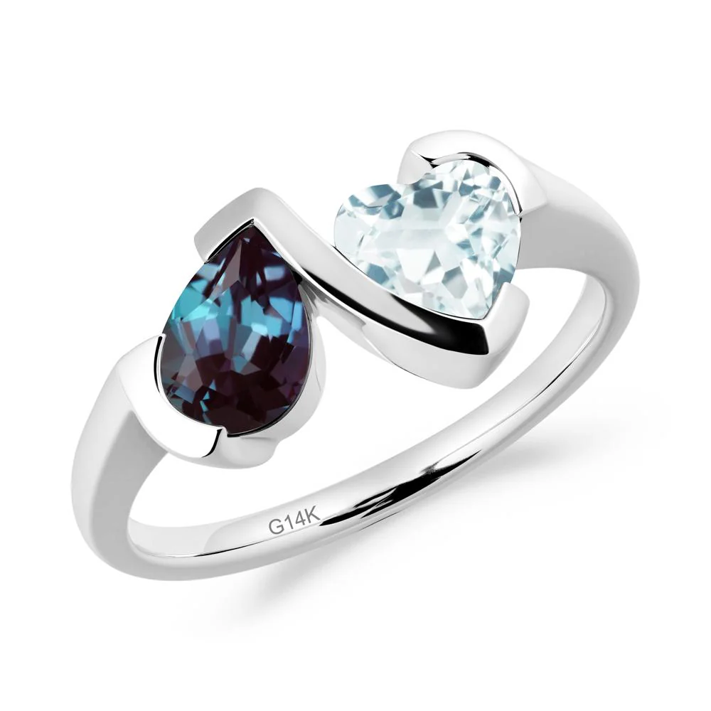 Heart and Pear Alexandrite and Aquamarine Two Stone Ring - Image 3