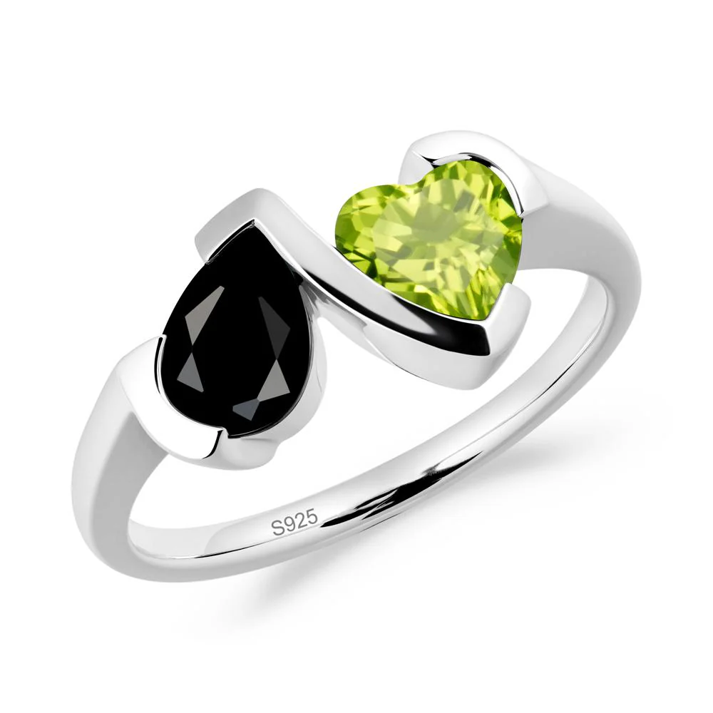 Heart and Pear Black Spinel and Peridot Two Stone Ring