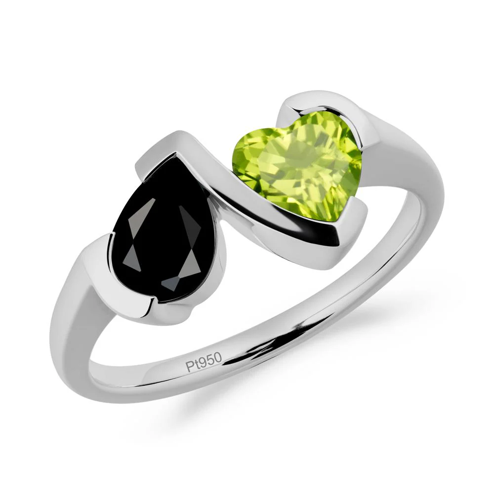 Heart and Pear Black Spinel and Peridot Two Stone Ring - Image 3