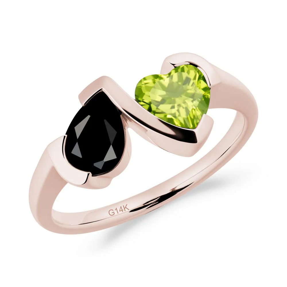 Heart and Pear Black Spinel and Peridot Two Stone Ring - Image 6