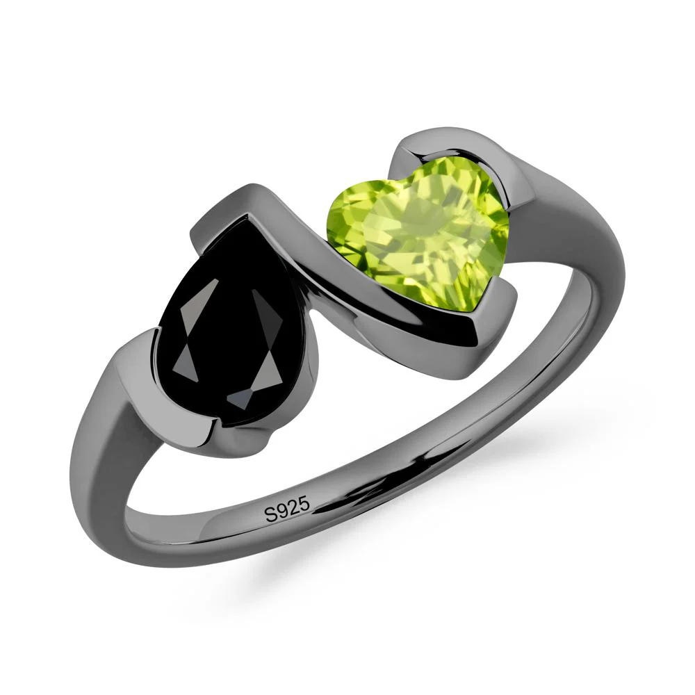 Heart and Pear Black Spinel and Peridot Two Stone Ring - Image 8