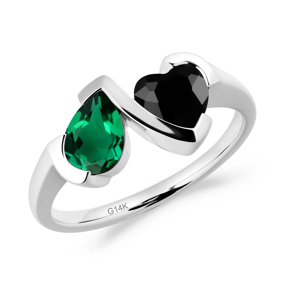 Heart and Pear Emerald and Black Spinel Two Stone Ring