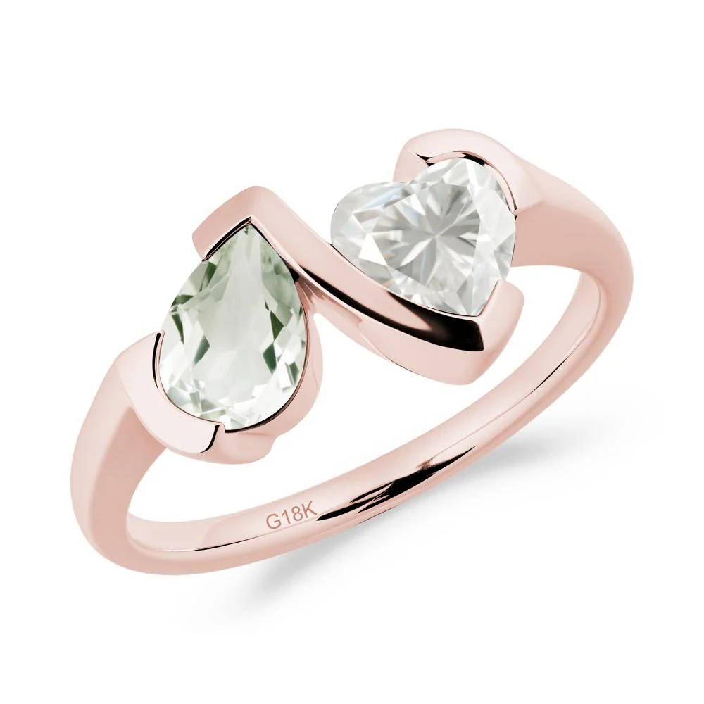 Heart and Pear Green Amethyst and Moissanite Two Stone Ring - Image 3