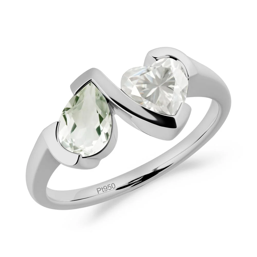 Heart and Pear Green Amethyst and Moissanite Two Stone Ring - Image 4
