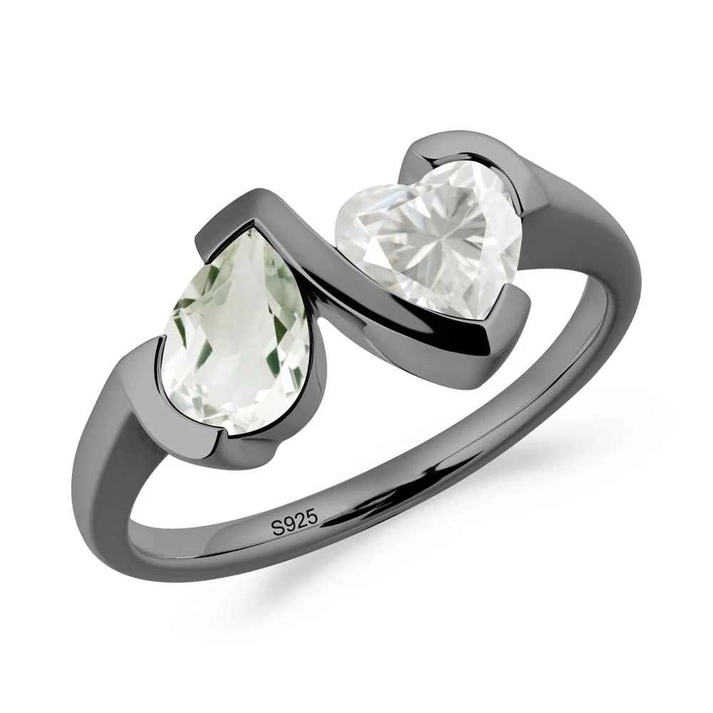 Heart and Pear Green Amethyst and Moissanite Two Stone Ring - Image 5