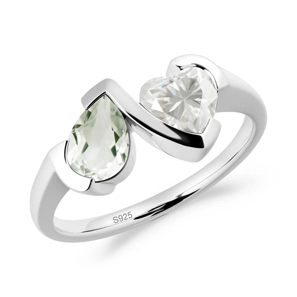 Heart and Pear Green Amethyst and Moissanite Two Stone Ring - Image 7