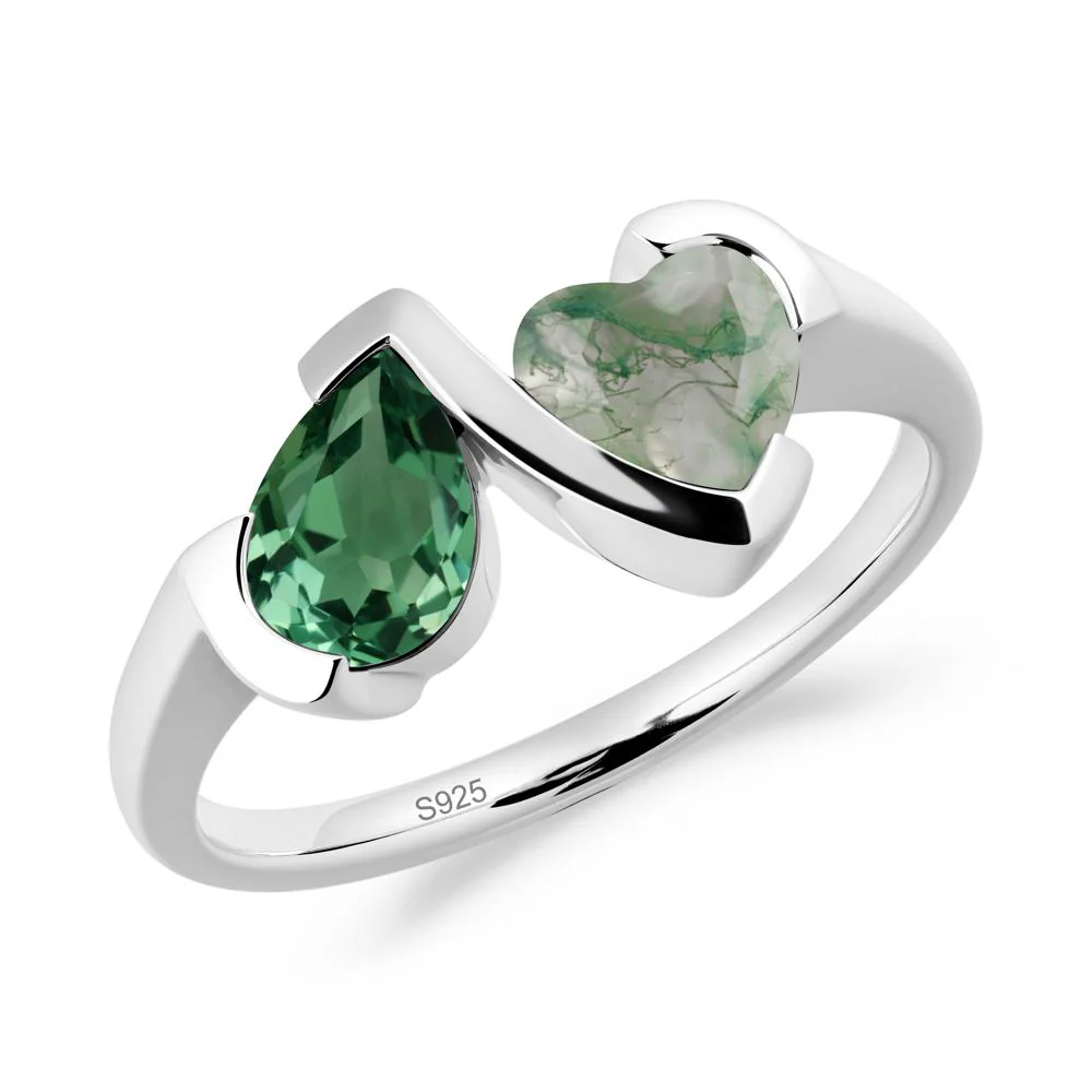 Heart and Pear Green Sapphire and Moss Agate Two Stone Ring - Image 4