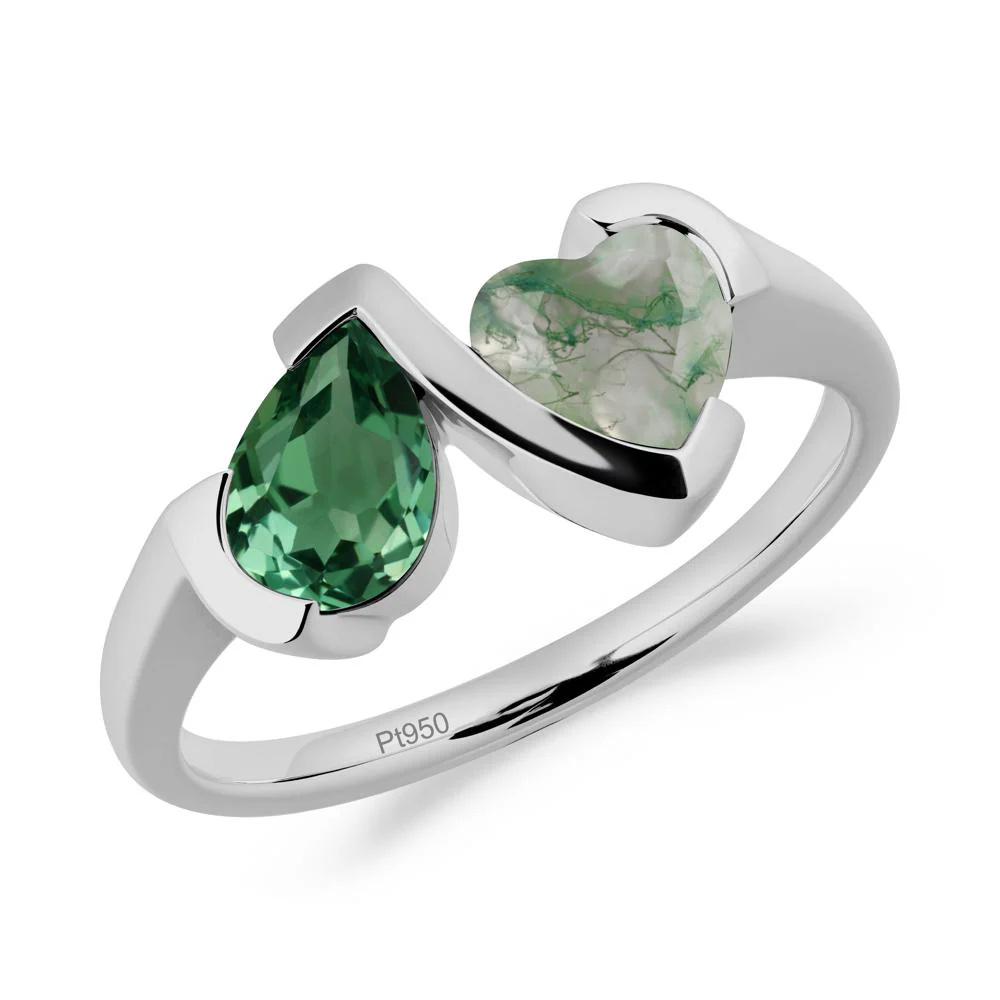 Heart and Pear Green Sapphire and Moss Agate Two Stone Ring - Image 5