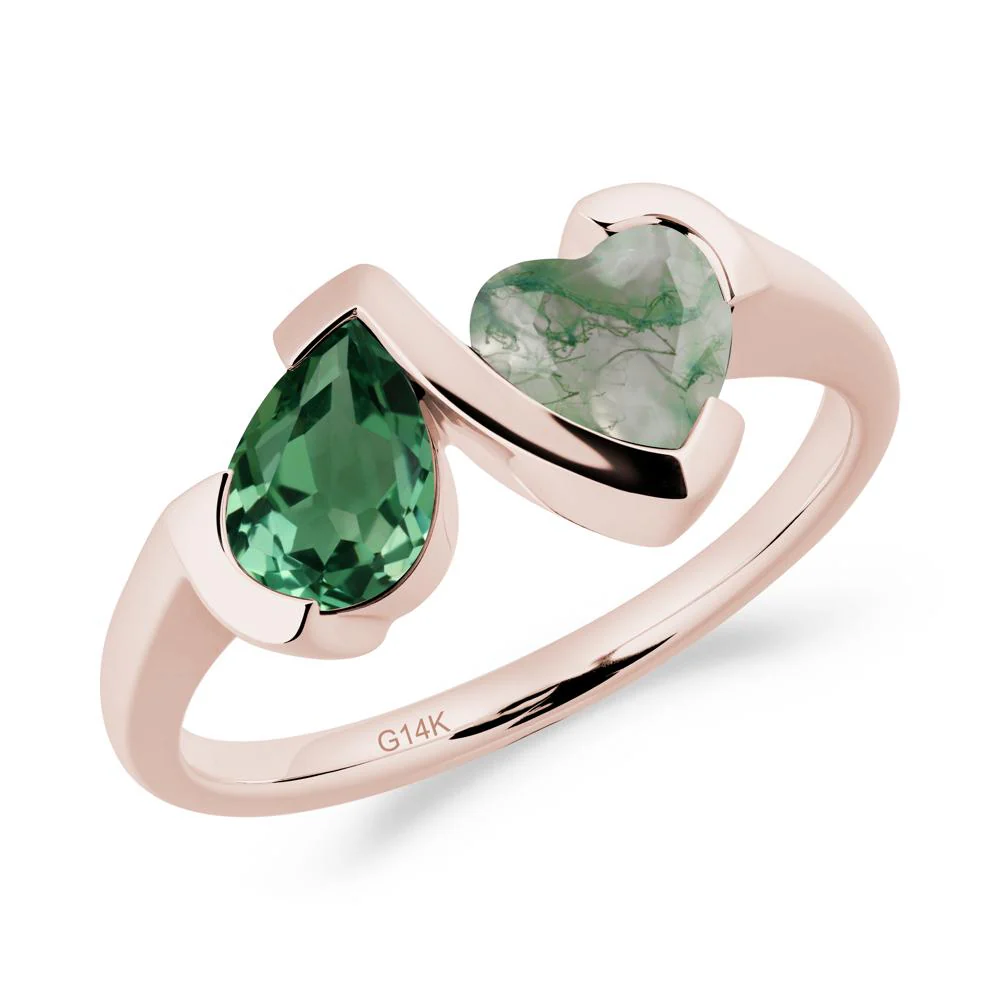 Heart and Pear Green Sapphire and Moss Agate Two Stone Ring - Image 6