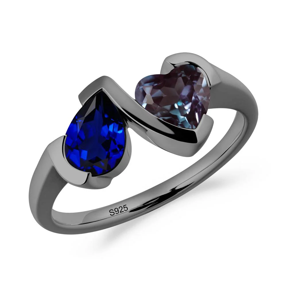 Heart and Pear Sapphire and Alexandrite Two Stone Ring