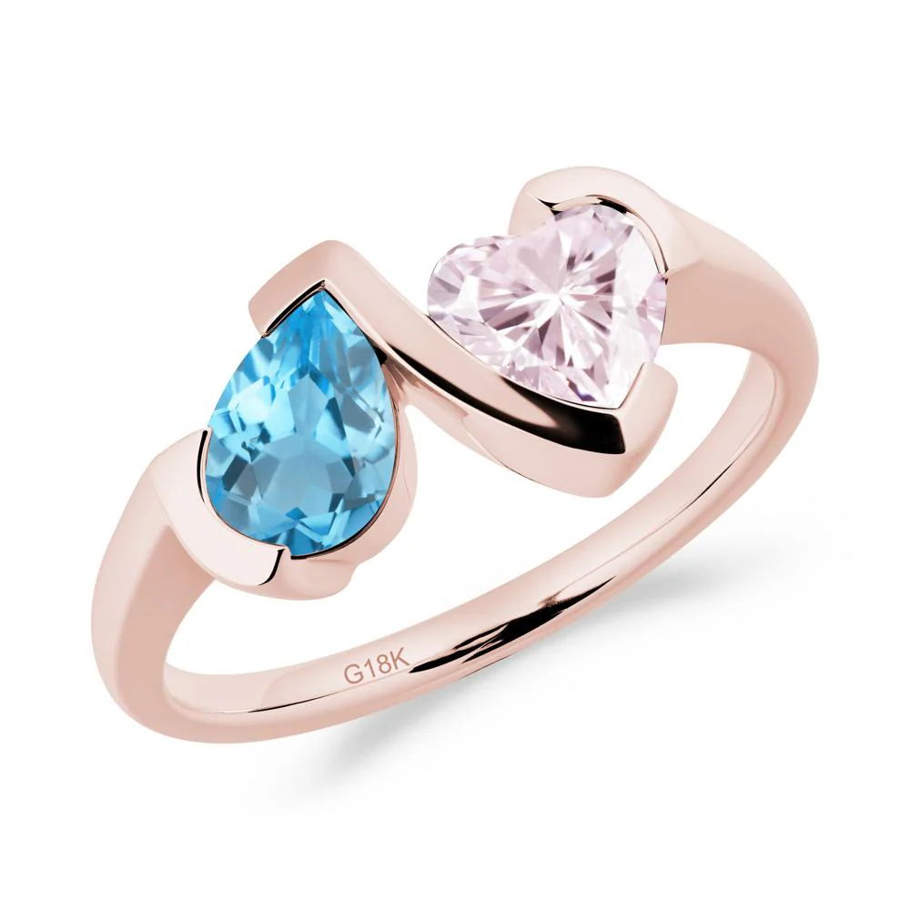 Heart and Pear Swiss Blue Topaz and Pink Cubic Zirconia Two Stone Ring - Image 2