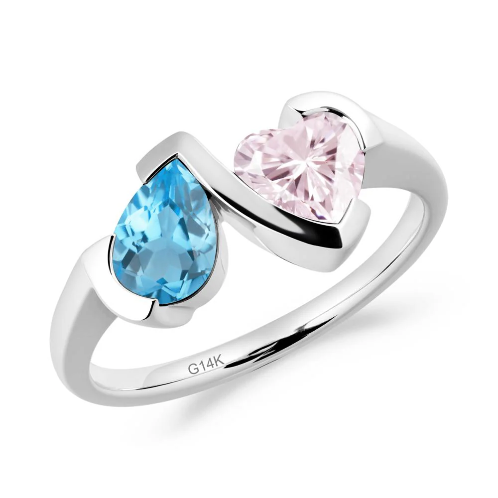 Heart and Pear Swiss Blue Topaz and Pink Cubic Zirconia Two Stone Ring - Image 3