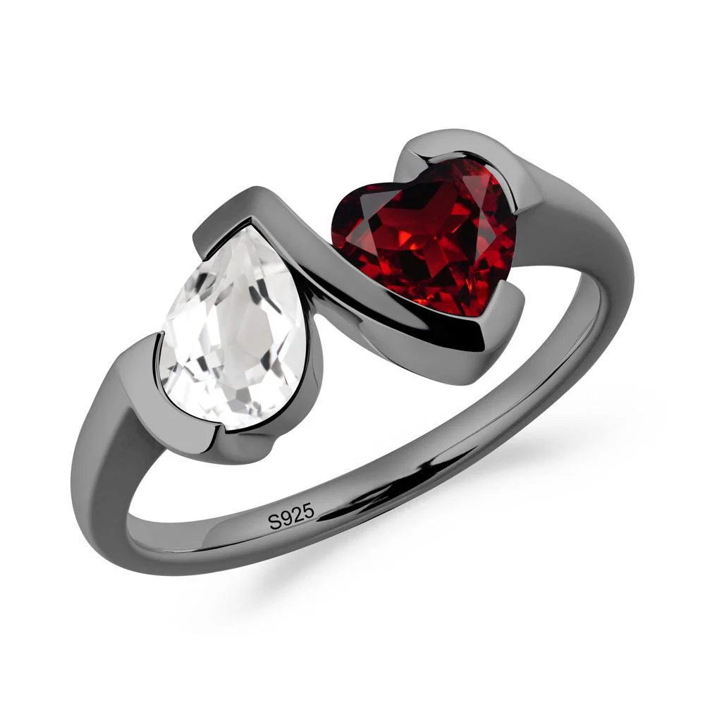 Heart and Pear White Topaz and Garnet Two Stone Ring - Image 3