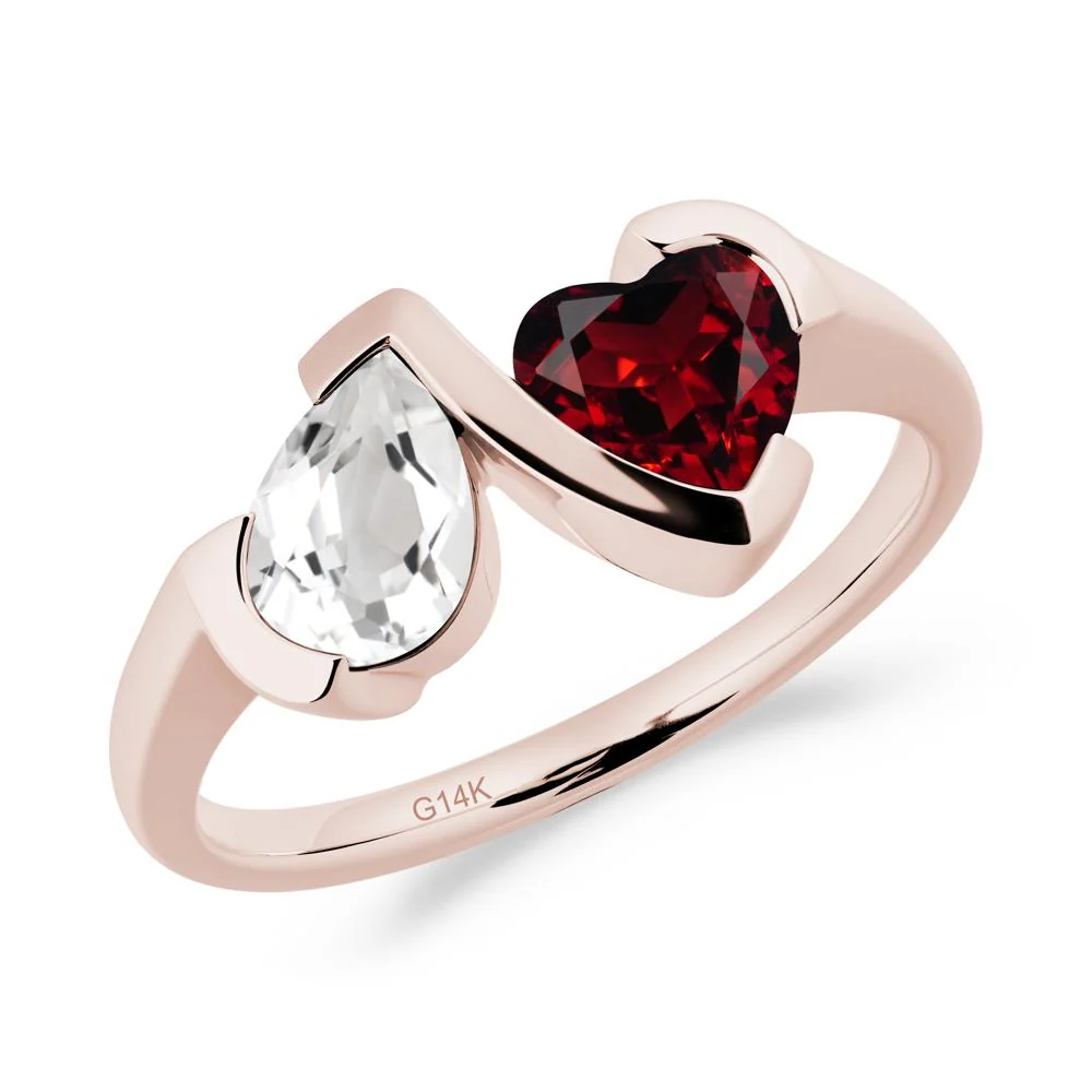 Heart and Pear White Topaz and Garnet Two Stone Ring - Image 5