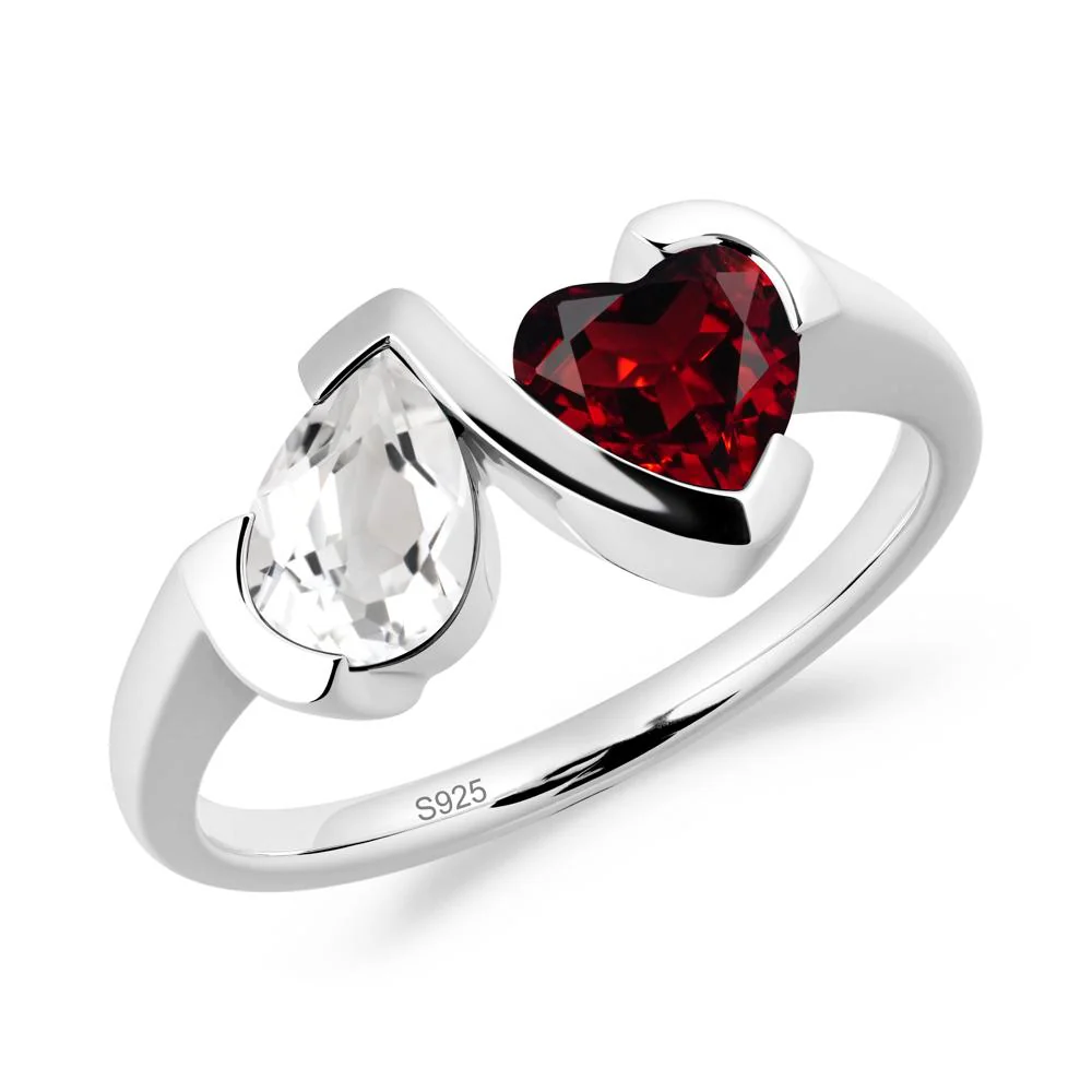 Heart and Pear White Topaz and Garnet Two Stone Ring - Image 7