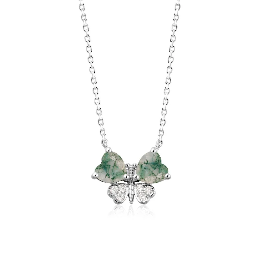 Heart Moss Agate Wings Butterfly Pendant Necklace - Image 9