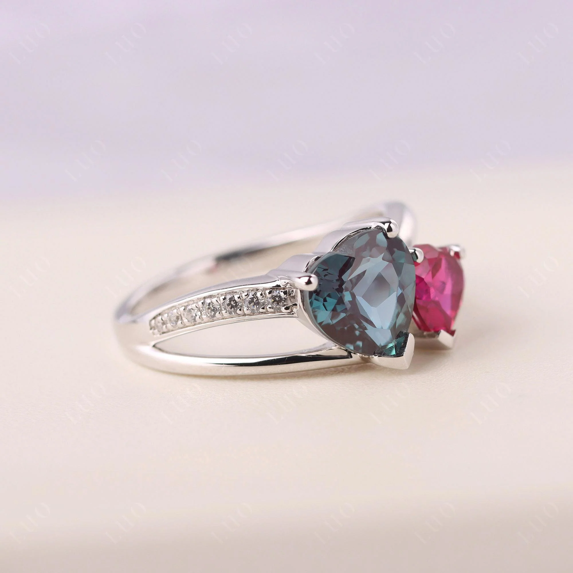 Heart Alexandrite and Ruby Toi Et Moi Ring - Image 30