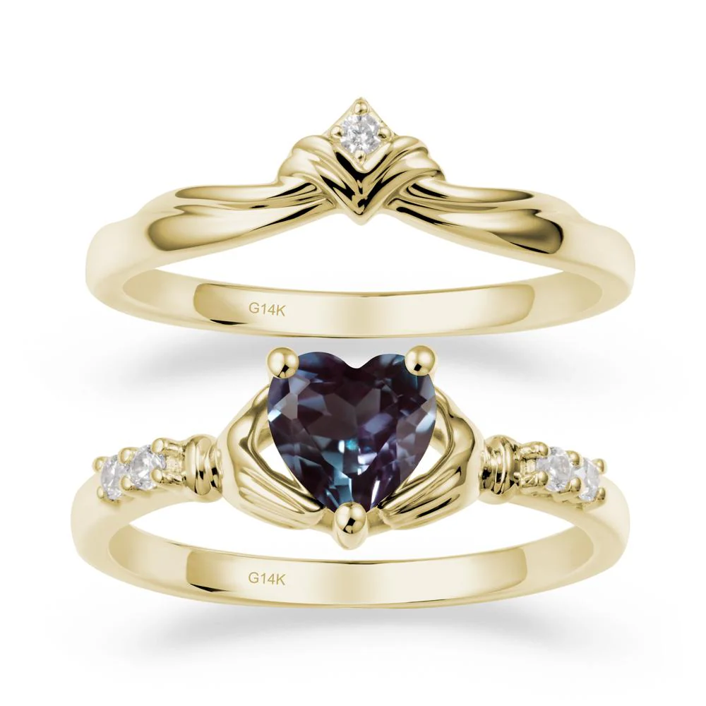 Heart Shaped Alexandrite Claddagh Wedding Band Sets - Image 4