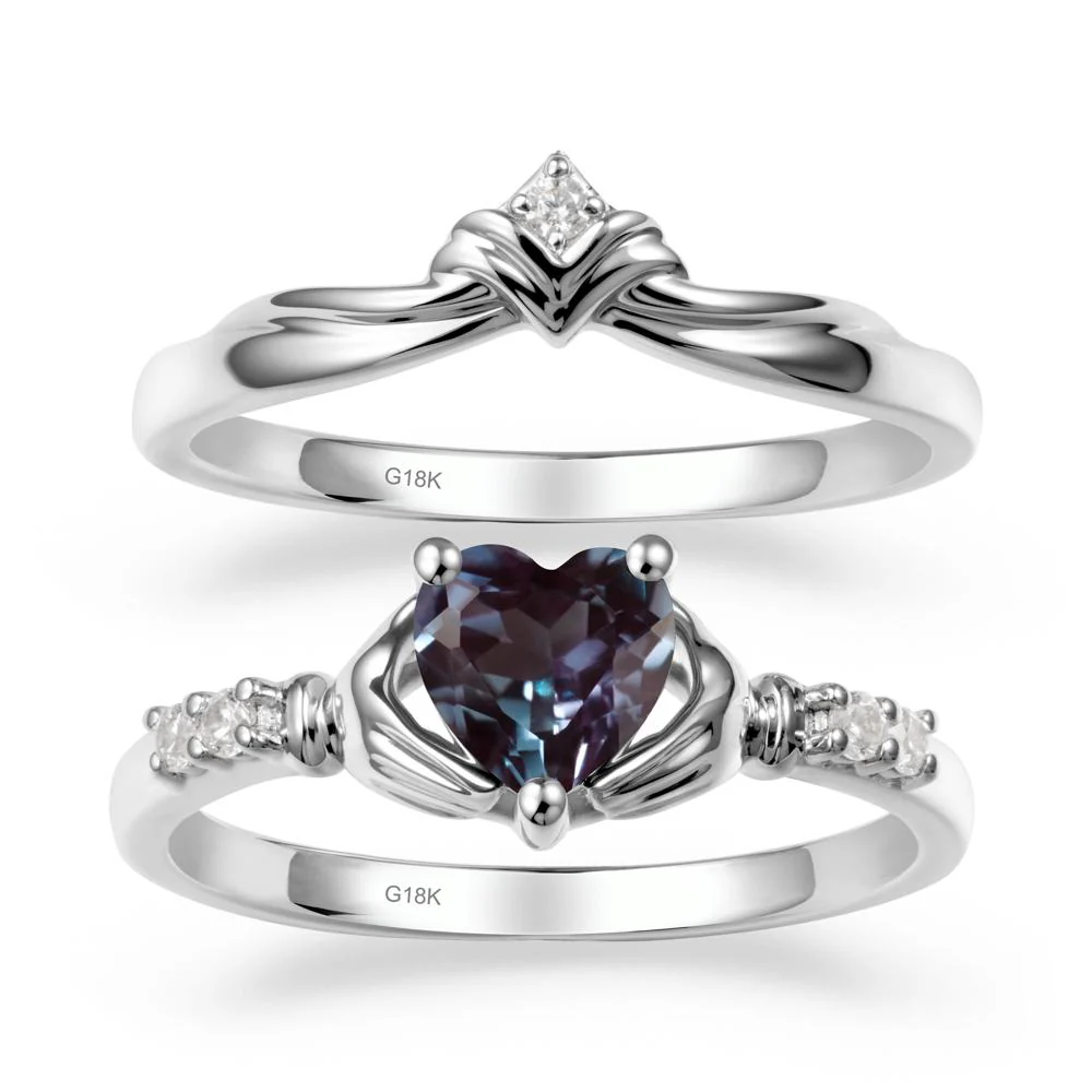 Heart Shaped Alexandrite Claddagh Wedding Band Sets - Image 6