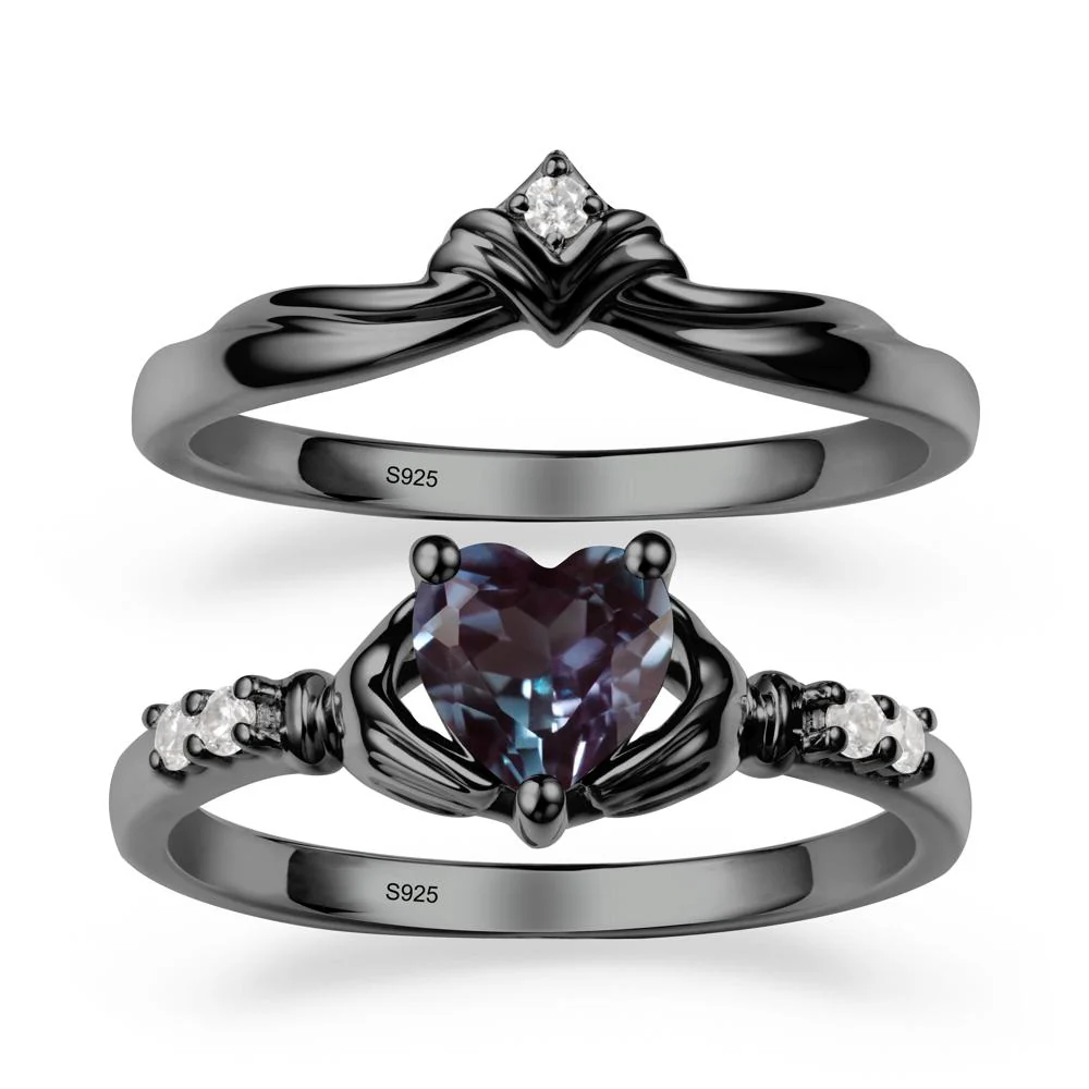 Heart Shaped Alexandrite Claddagh Wedding Band Sets - Image 8