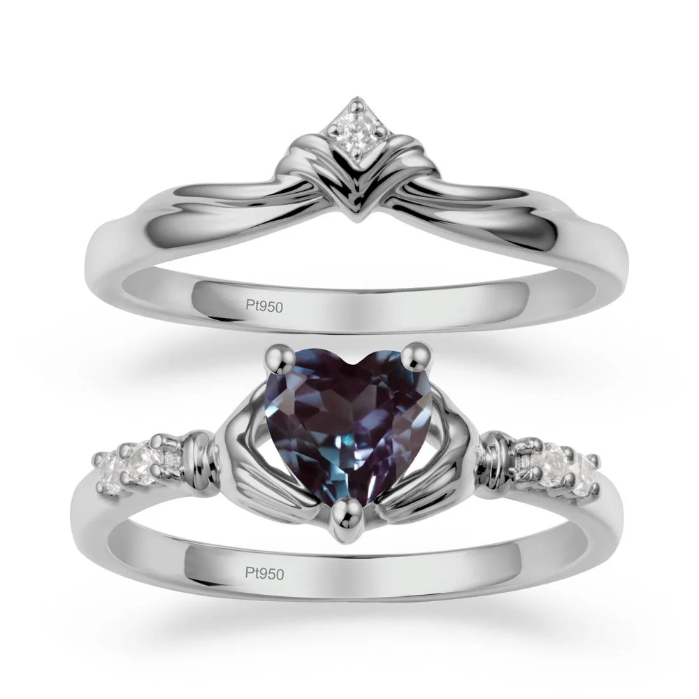 Heart Shaped Alexandrite Claddagh Wedding Band Sets - Image 9