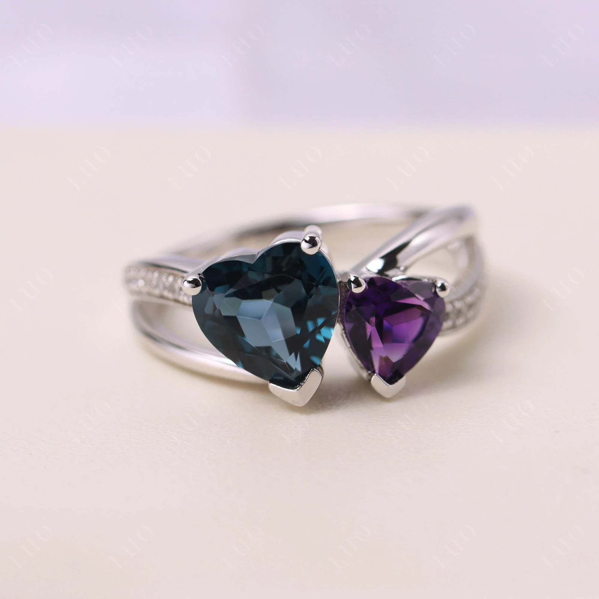 Heart Amethyst and London Blue Topaz Toi Et Moi Ring - Image 29
