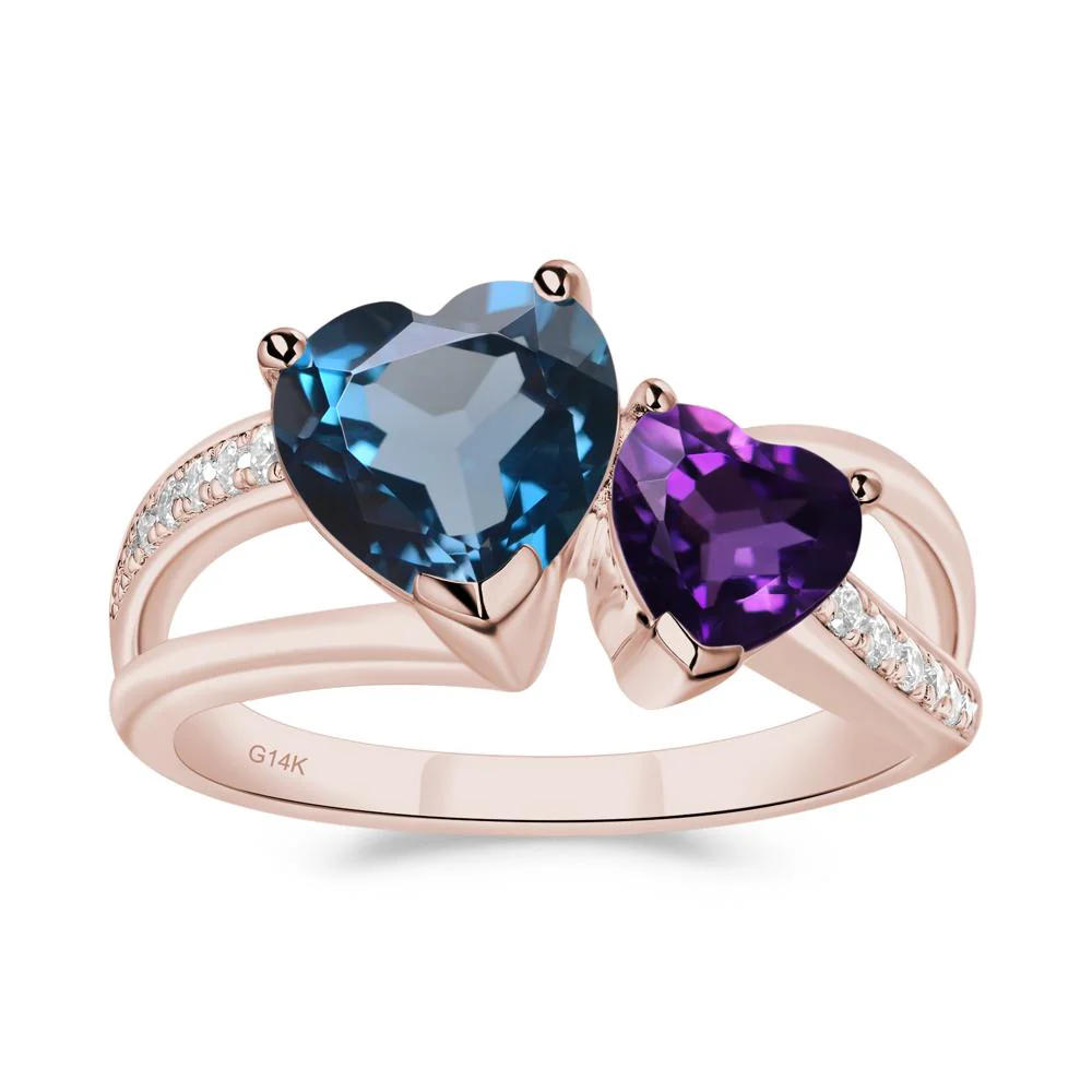 Heart Amethyst and London Blue Topaz Toi Et Moi Ring - Image 6
