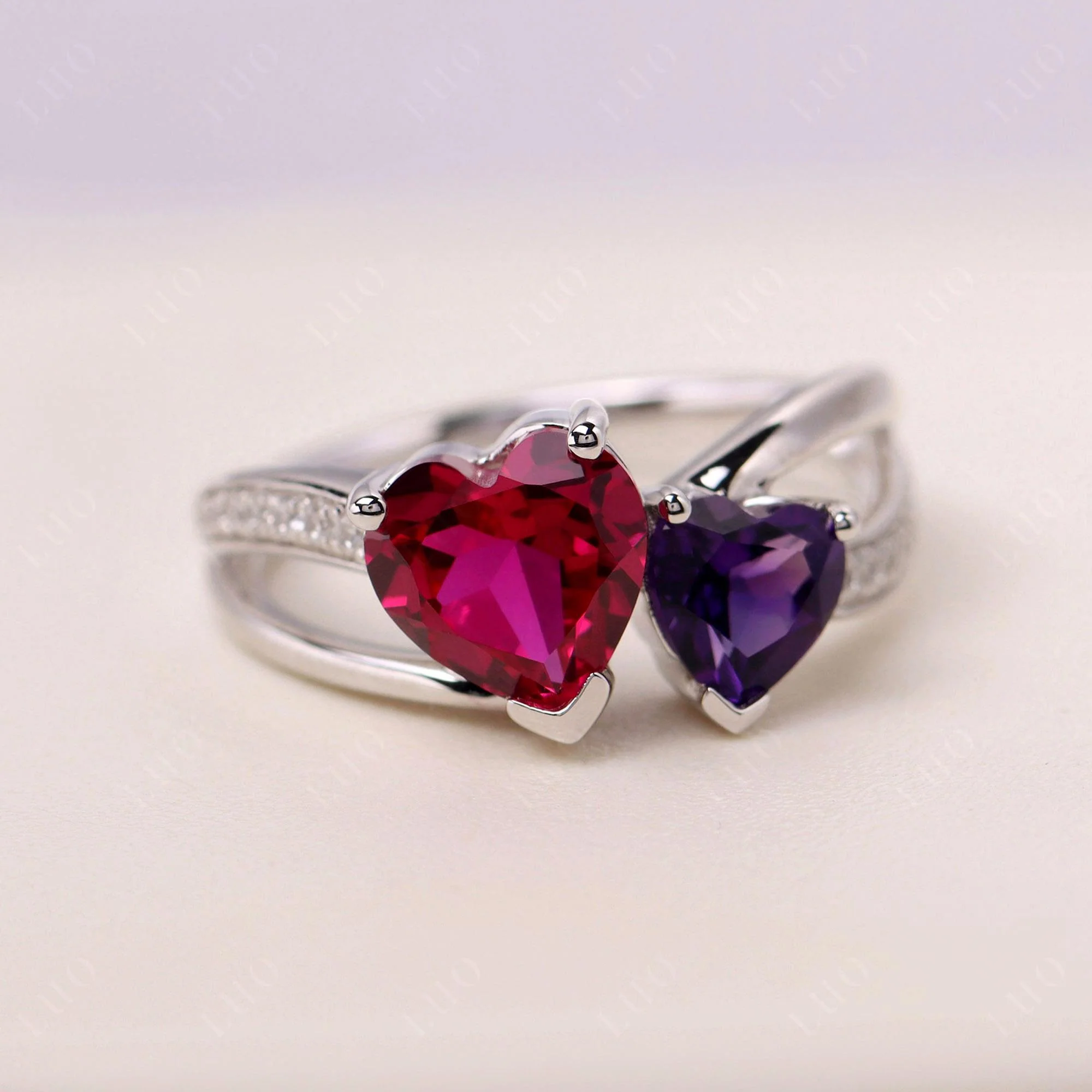 Amethyst and Ruby Two Heart Ring - Image 29