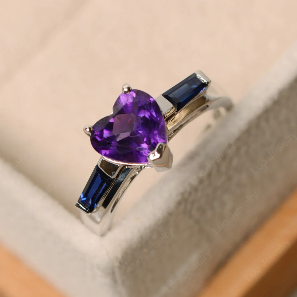 Heart Shaped Amethyst and Sapphire Ring with Baguette