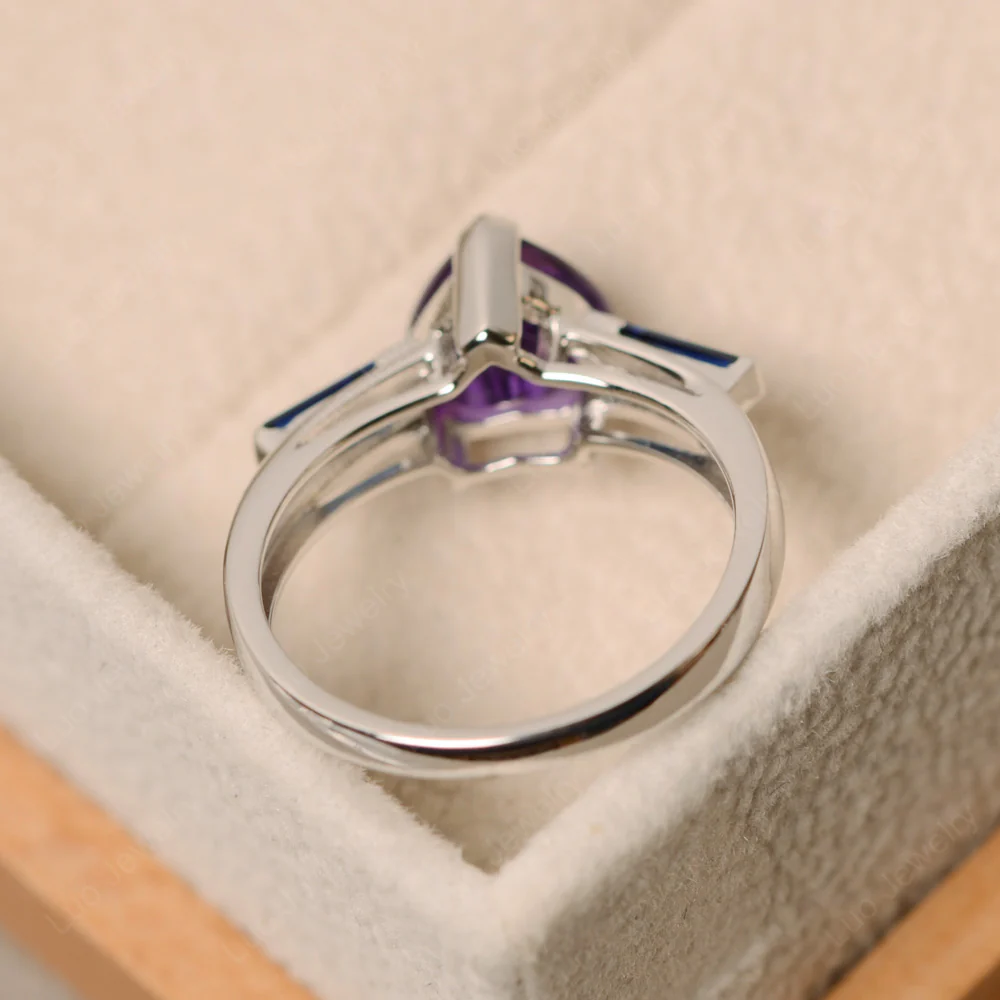 Heart Shaped Amethyst and Sapphire Ring with Baguette - Image 2
