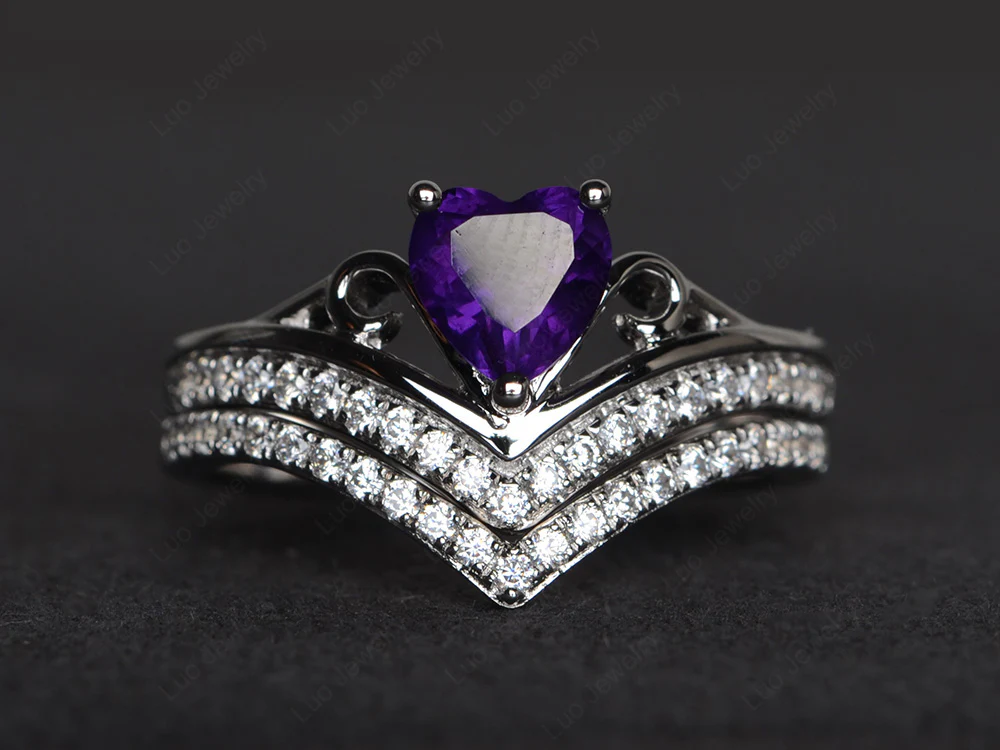 Heart Shaped Amethyst Bridal Set Ring