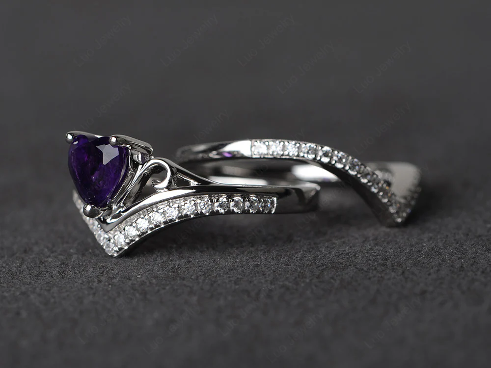Heart Shaped Amethyst Bridal Set Ring - Image 2