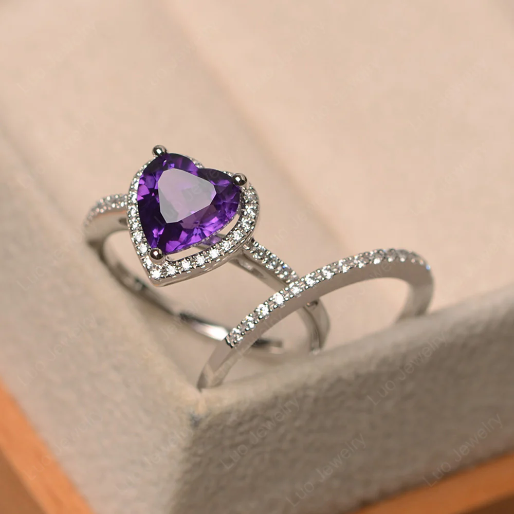 Heart Shaped Amethyst Wedding Ring Set