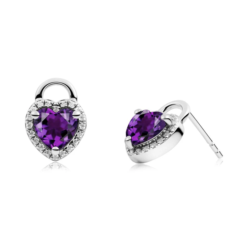 Heart Shaped Amethyst Halo Stud Earrings - Image 9