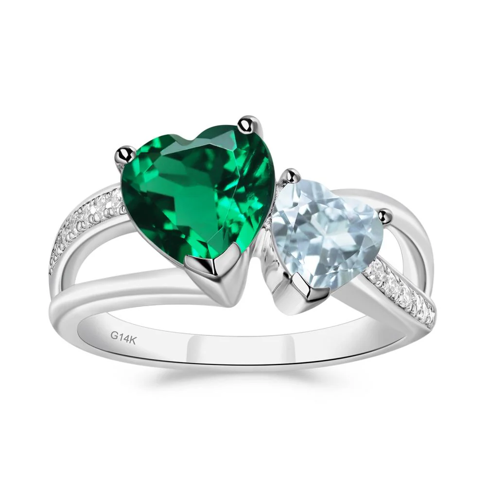 Aquamarine and Emerald Heart Toi Et Moi Ring - Image 2