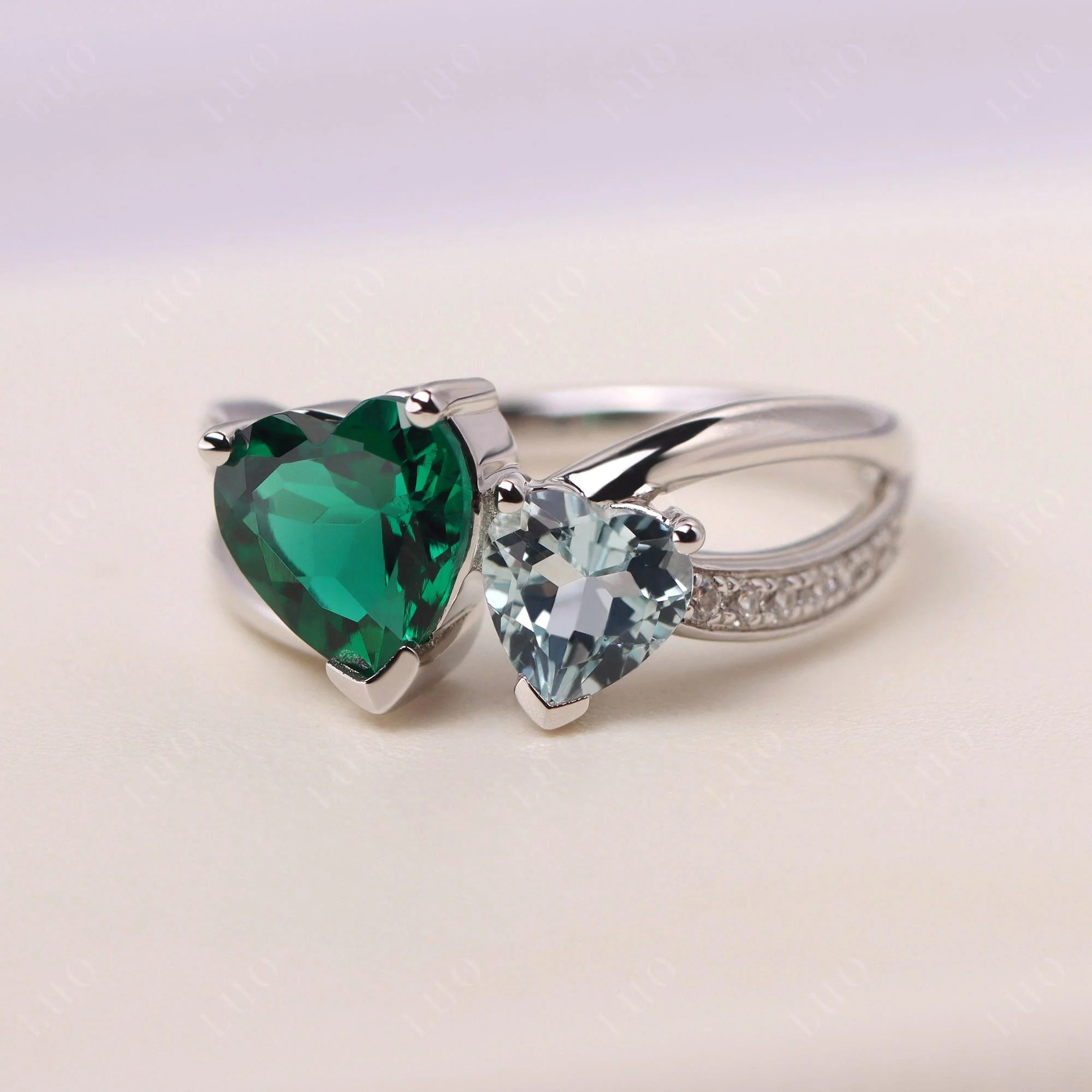 Aquamarine and Emerald Heart Toi Et Moi Ring - Image 30