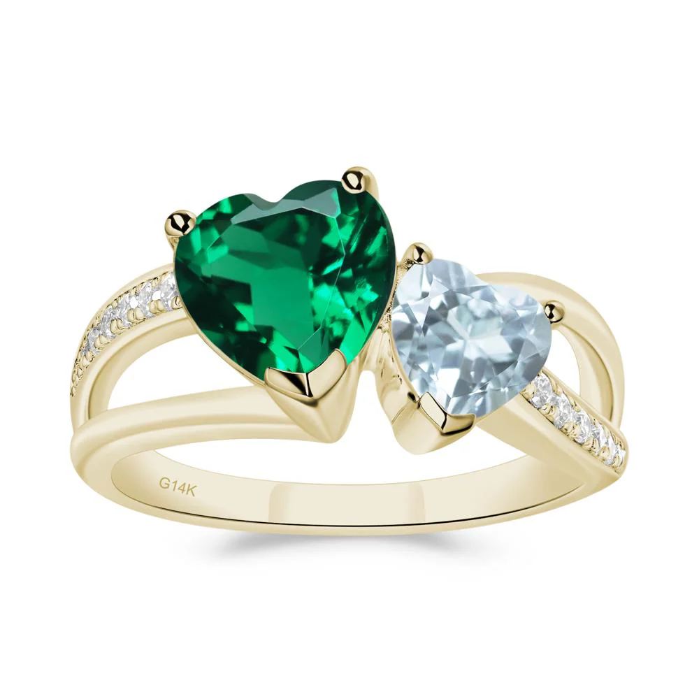 Aquamarine and Emerald Heart Toi Et Moi Ring - Image 7