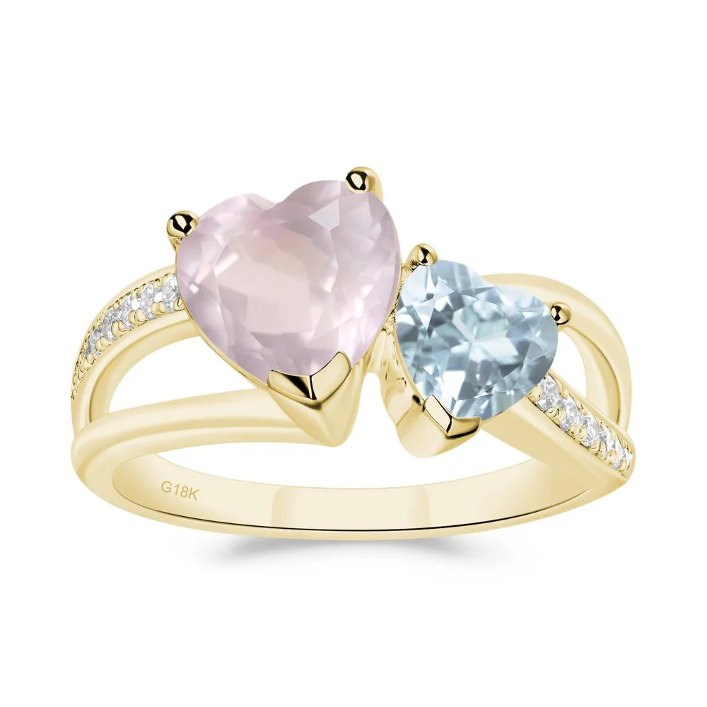 Heart Aquamarine and Rose Quartz Toi Et Moi Ring - Image 2