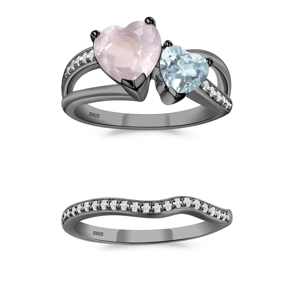 Heart Aquamarine and Rose Quartz Toi Et Moi Ring - Image 25