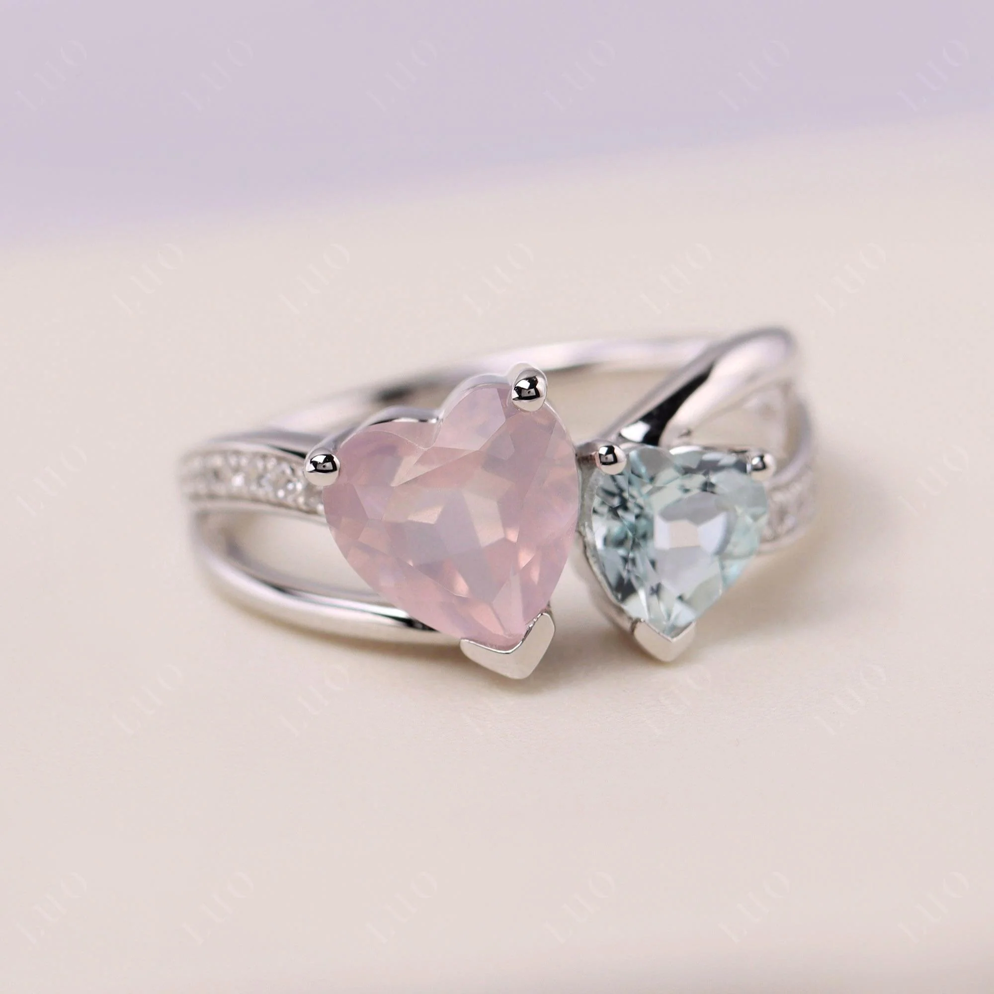Heart Aquamarine and Rose Quartz Toi Et Moi Ring - Image 29