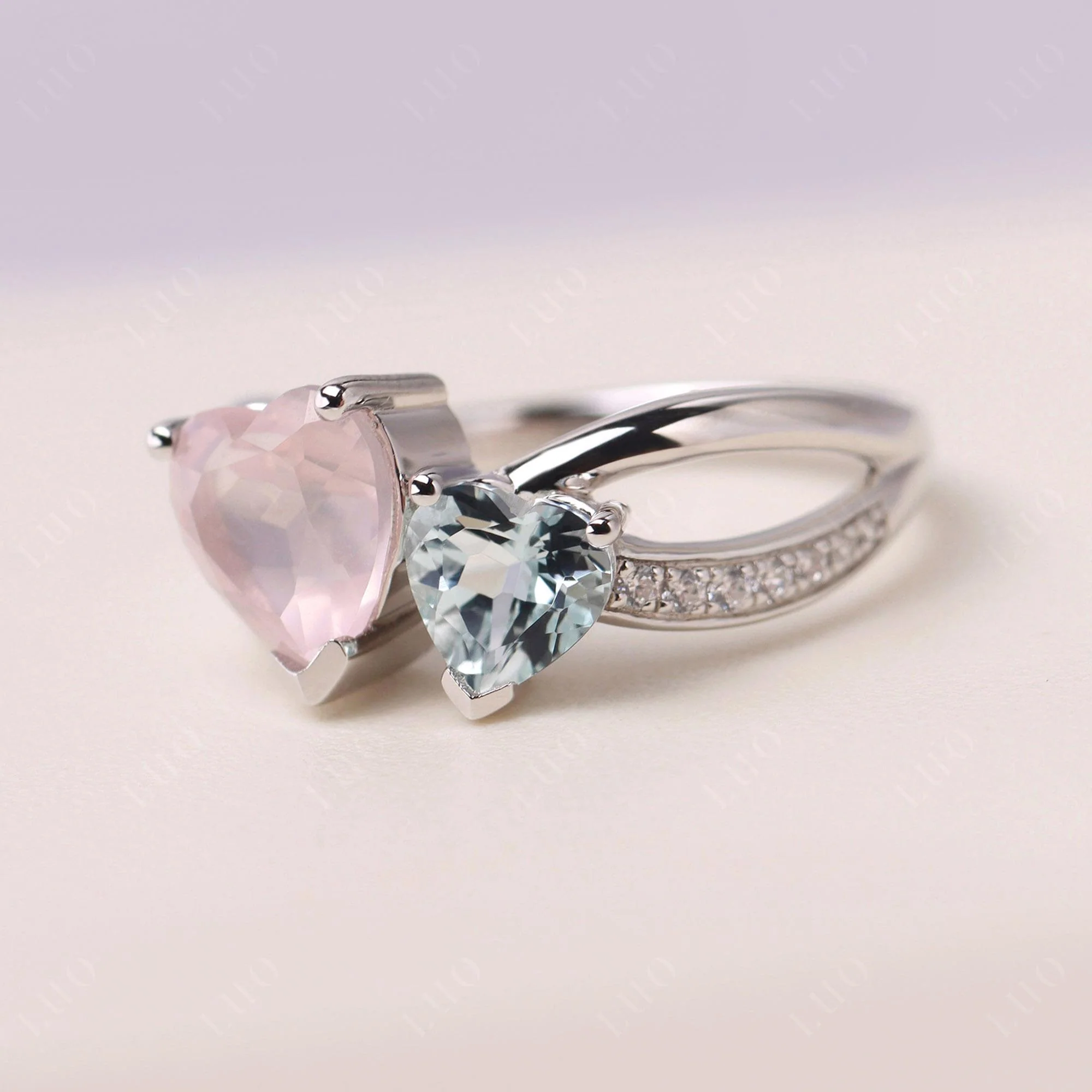 Heart Aquamarine and Rose Quartz Toi Et Moi Ring - Image 30