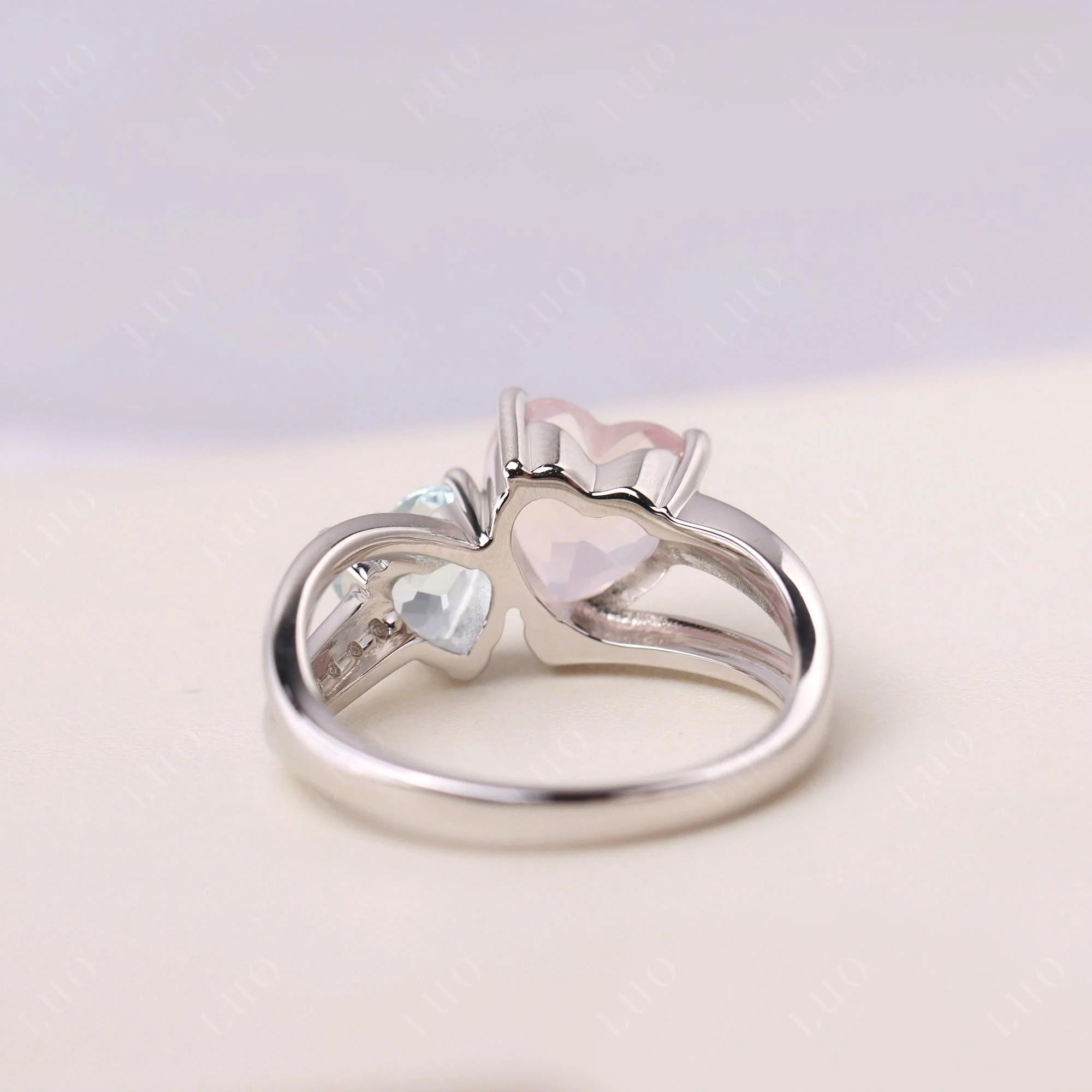 Heart Aquamarine and Rose Quartz Toi Et Moi Ring - Image 31