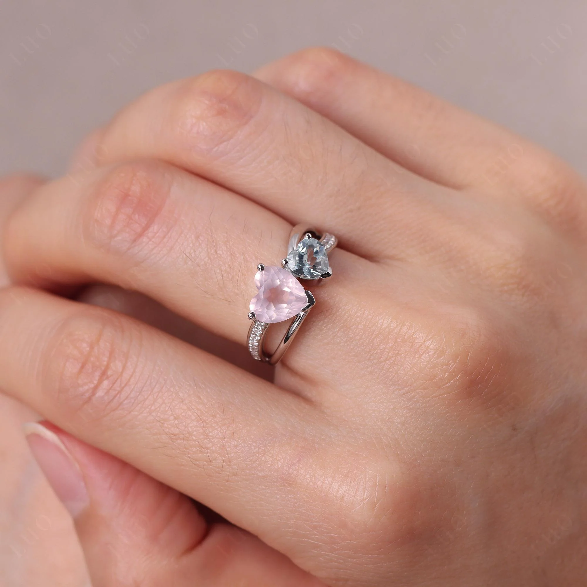 Heart Aquamarine and Rose Quartz Toi Et Moi Ring - Image 33